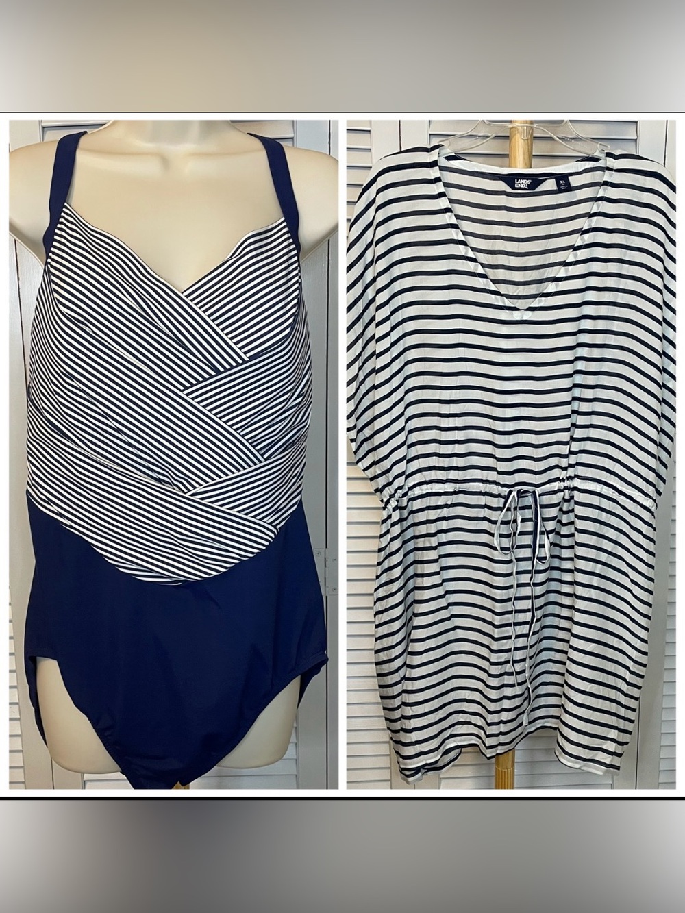 NWOT Lands' End Navy and White Striped Swimsuit and Matching Cover Up - Sz 18